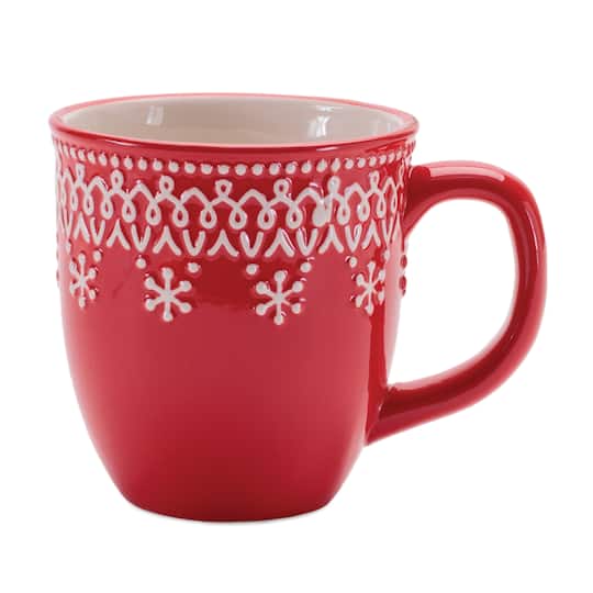 Melrose 4.75" Red & White Embossed Ceramic Snowflake Mugs, 6ct.